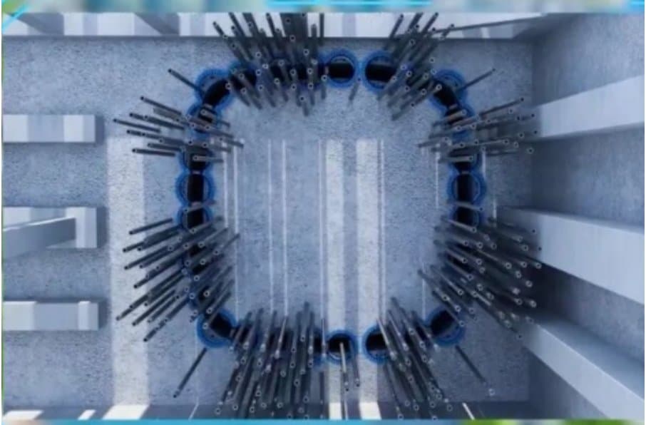 Top-down render of the rectangular pipe-roof array ringed by ground-freezing pipes inside the launch shaft